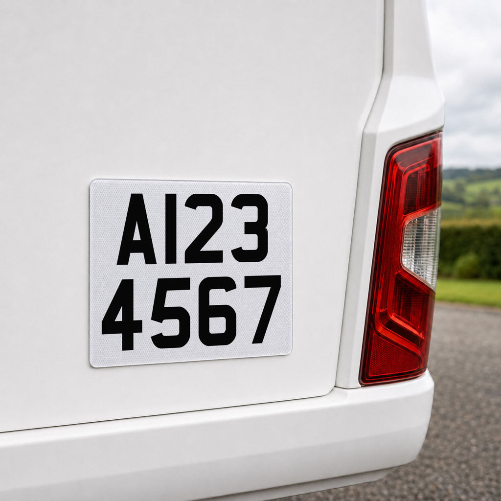 Reflective trailer registration plate fitted to a white caravan trailer