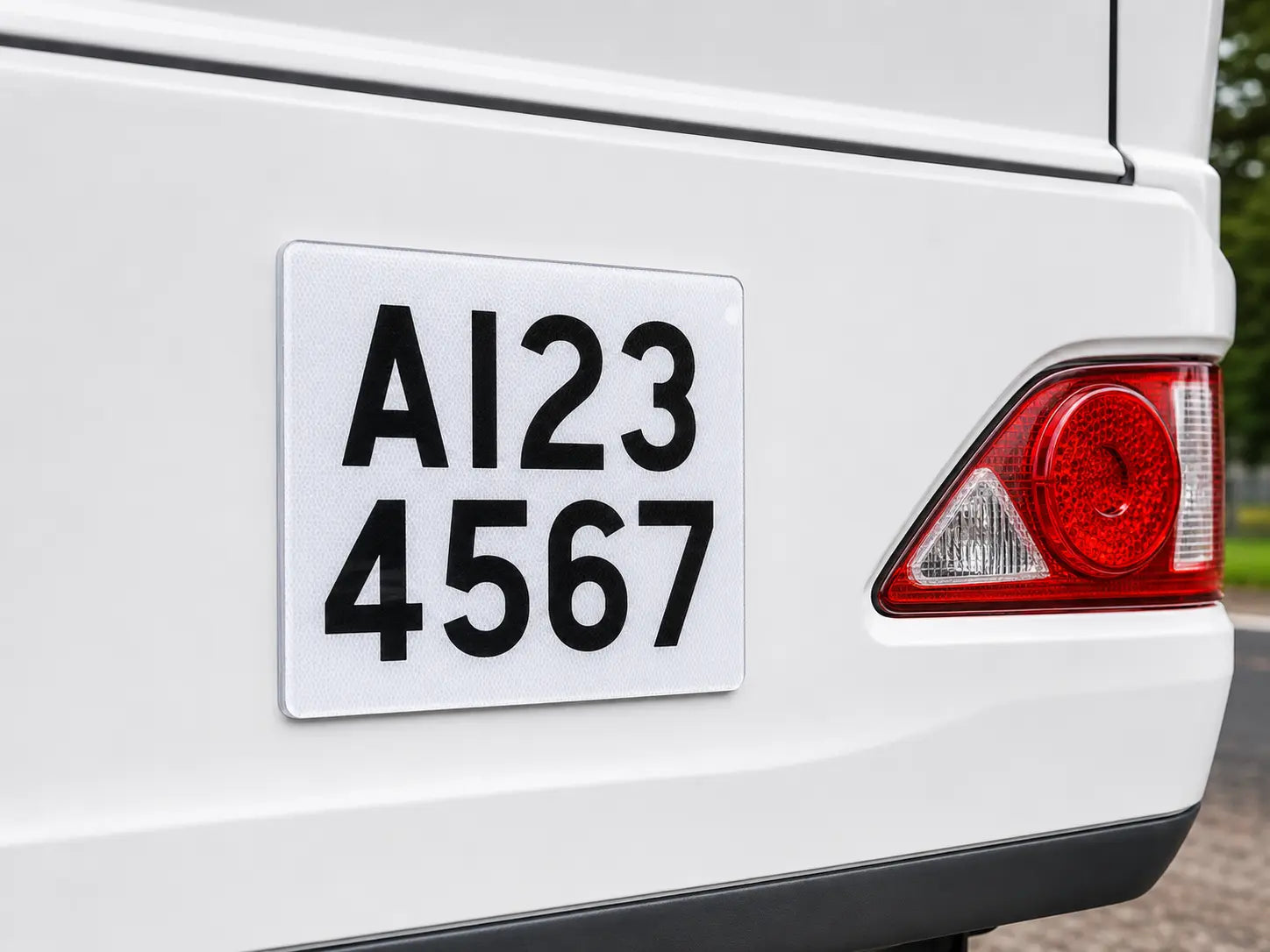 White two-line trailer registration plate fitted to a caravan
